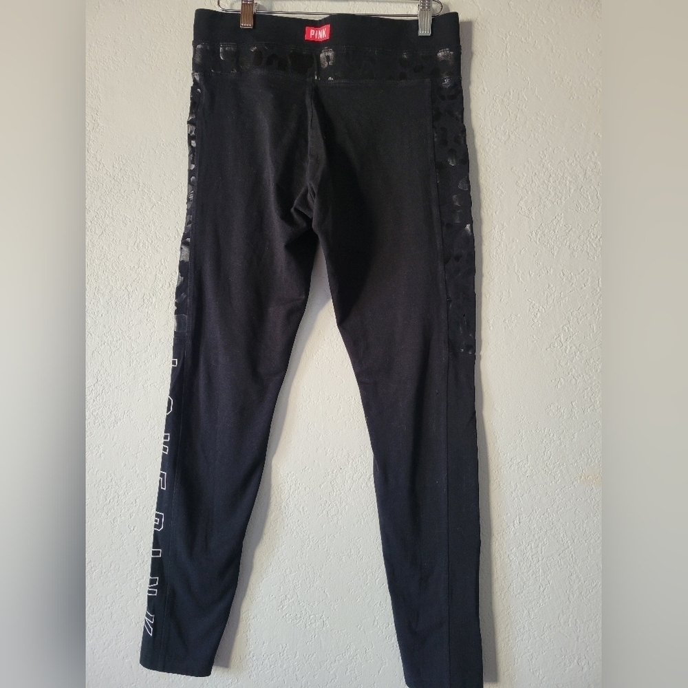 PINK Yoga Victoria Secret Black Leggings with Leopard Print and Text - Picture 3 of 9